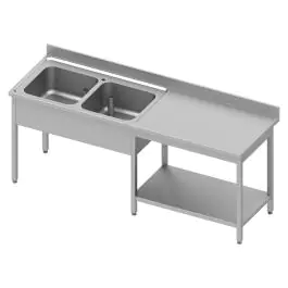 RVS Cheftafel - 2 Spoelbakken Links - Met Onderschap - Opstaande Rand Blok 10 CM - G-Line