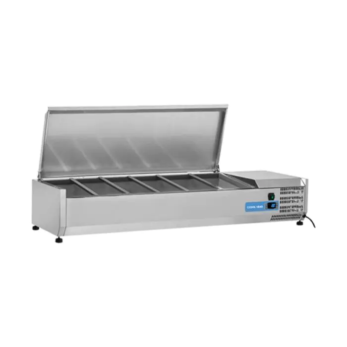 Koelvitrine - H 28.1 x 140 x 39.5 CM - 26.5 KG - 220 - 240 V - 160 W - Statische - R600A - RVS - 53 Liter - +2°C / +8°C - Cool Head - 712027 712027 €693.00 Vitrine met rvs deksel