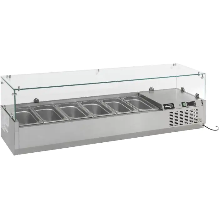 Opzetvitrine - Gekoeld - 10x 1/4 GN - 230V - H 43.5 x B 200 x D 33.5 CM - Combisteel 7450.0013 €550.00 Vitrine met glas