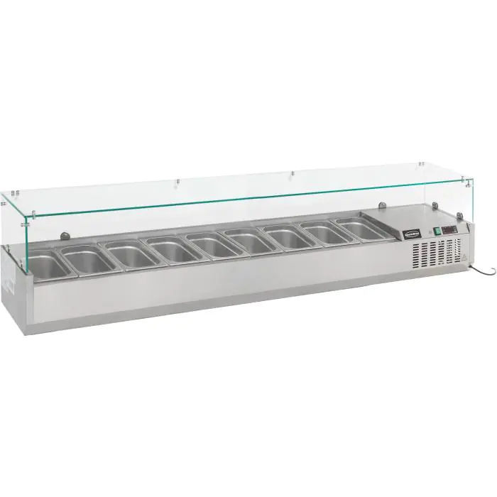 Opzetvitrine - Gekoeld - 9x 1/3 GN - 230V - H 43.5 x B 200 x D 39.5 CM - Combisteel 7450.0023 €547.00 Vitrine met glas