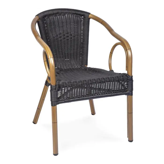 Terrasstoel Corino - Stapelbaar - Armleuning - Gevlocht Riet - Zwart - Aluminium - G-Line HW-00070 €49.95 Terrasstoelen