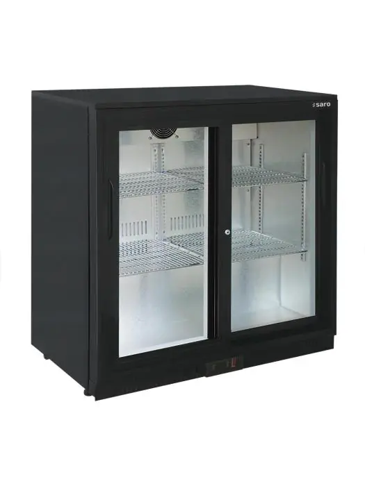 Barkoelkast - 198 Liter - 2-Deurs - Glazen Deur - Geforceerd - Zwart - Saro 437-1035 €579.00 Koelkasten met glazen deur