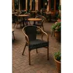 Terrasstoel Corino - Stapelbaar - Armleuning - Gevlocht Riet - Zwart - Aluminium - G-Line HW-00070 €49.95 Terrasstoelen
